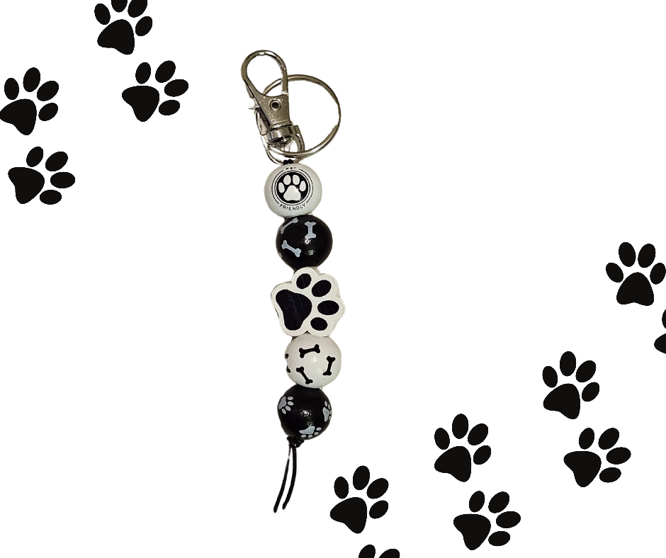 Paw print black and white wood keychain (style 1 of 4)