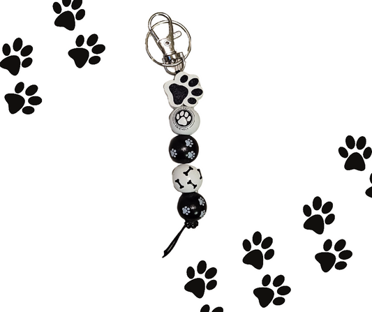 Paw print black and white wood bead keychain (style 2 of 4)