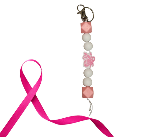 Butterfly breast cancer awareness ribbon long silicone keychain (no tassel)