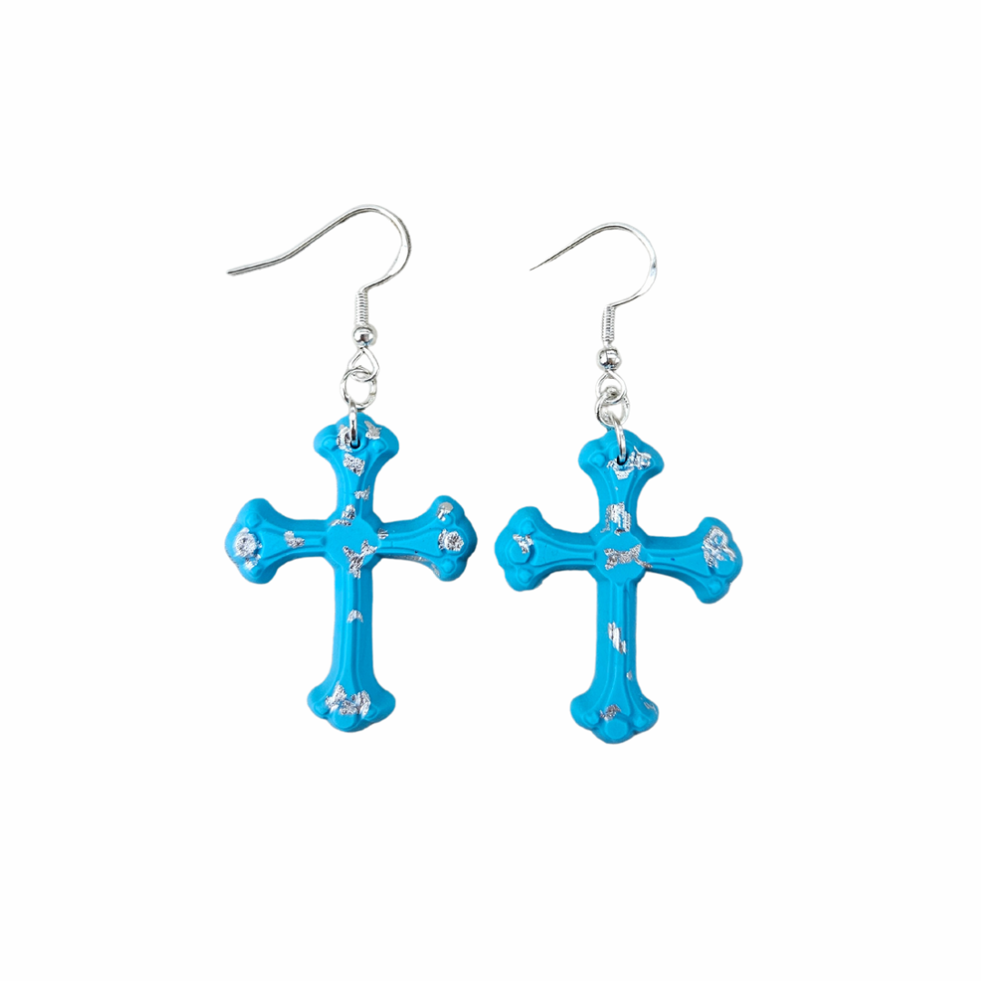 Small Turquoise and Silver Cross Earrings