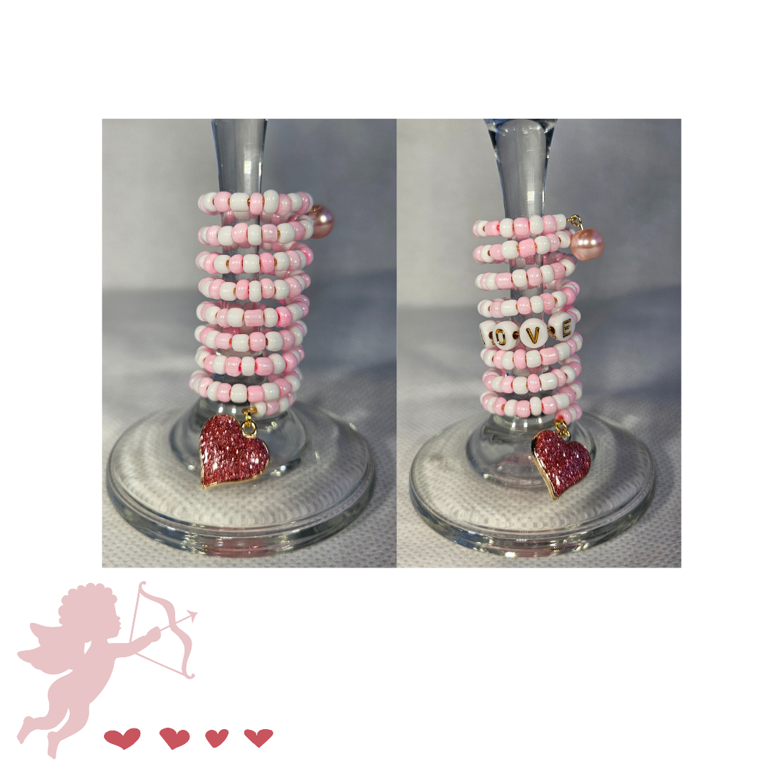 "LOVE" Pink Heart Wine Glass Charms